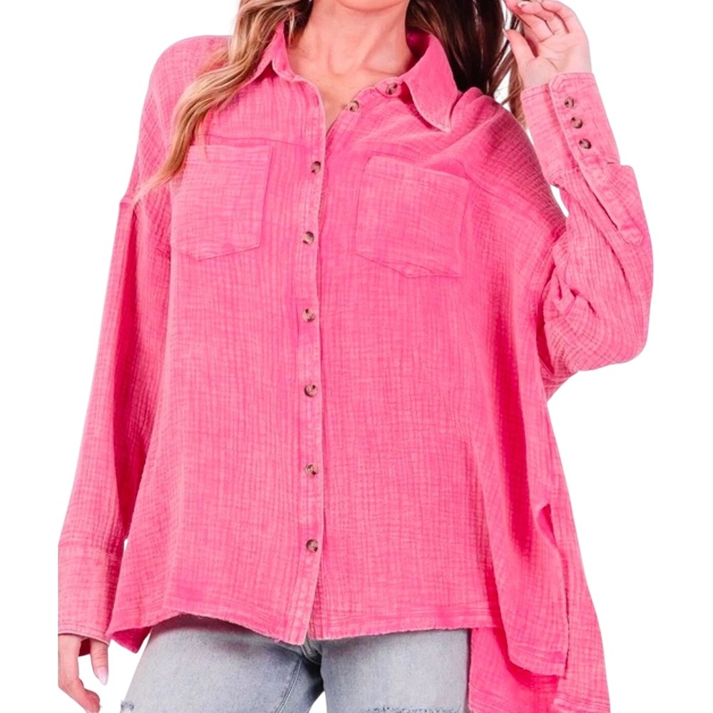 Sage + Fig Cotton Gauze Button Shirt Pink Women Oversized Small NWT